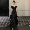 French-style Black Off-shoulder Luxury Dress